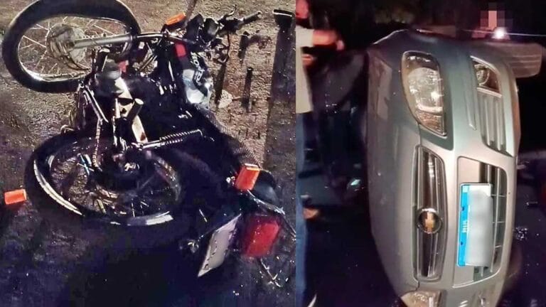 Equipes da Polícia Militar e Corpo de Bombeiros atenderam a ocorrência na PR-466, em Jardim Alegre, após colisão entre uma motocicleta e um automóvel.