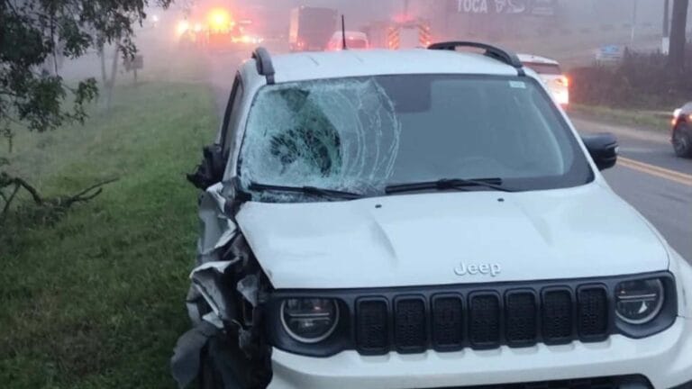 Jeep Renegade com para-brisa quebrado e frente danificada após atropelamento na BR-470, em Pouso Redondo (SC), durante manhã de forte neblina.