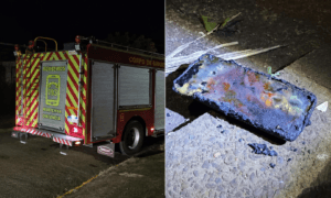 Caminhão do Corpo de Bombeiros e celular queimado após incêndio durante carregamento em Apucarana