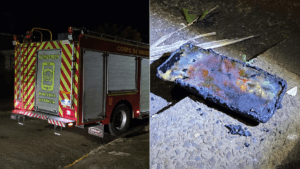 Caminhão do Corpo de Bombeiros e celular queimado após incêndio durante carregamento em Apucarana