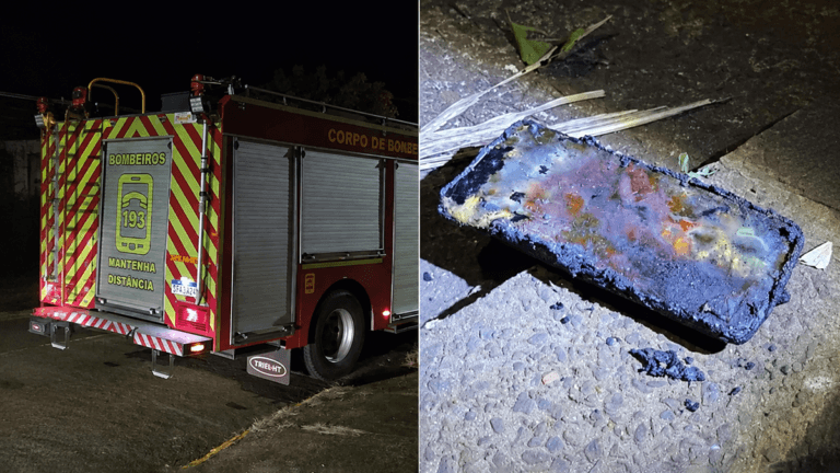 Caminhão do Corpo de Bombeiros e celular queimado após incêndio durante carregamento em Apucarana