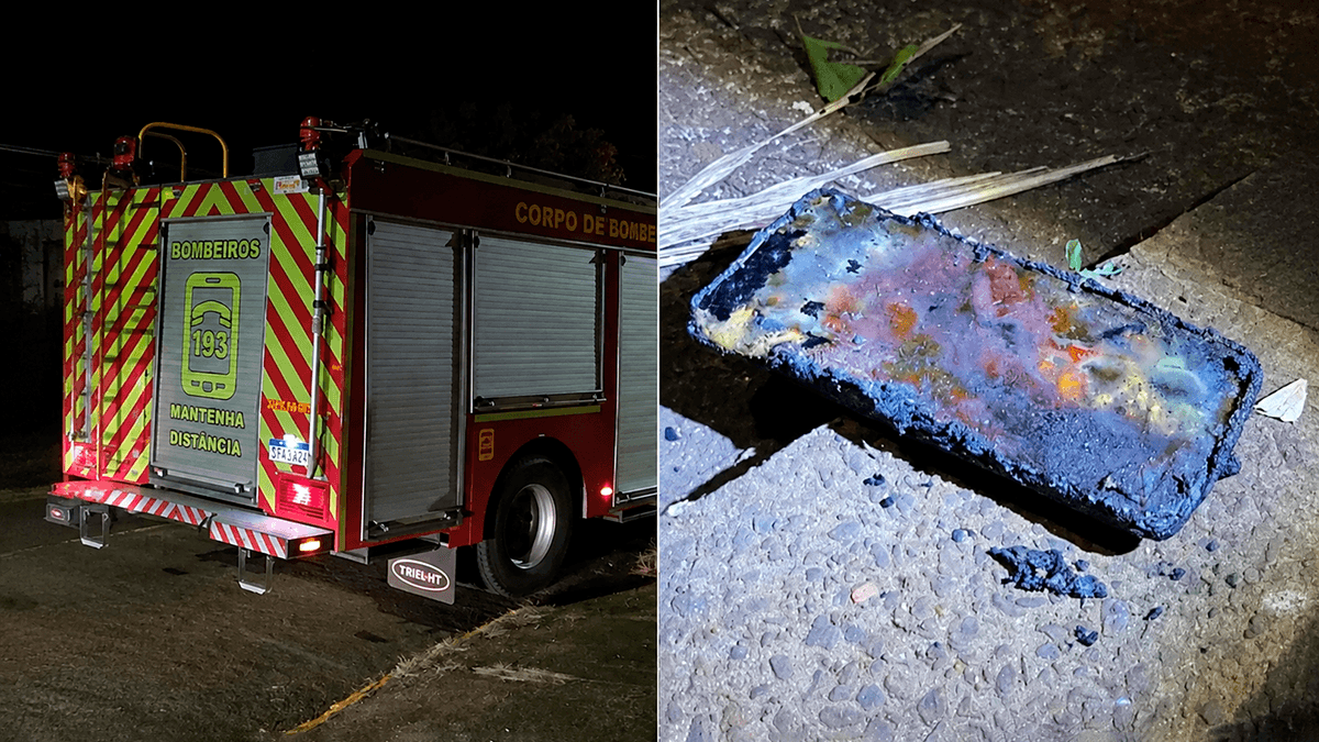 Caminhão do Corpo de Bombeiros e celular queimado após incêndio durante carregamento em Apucarana