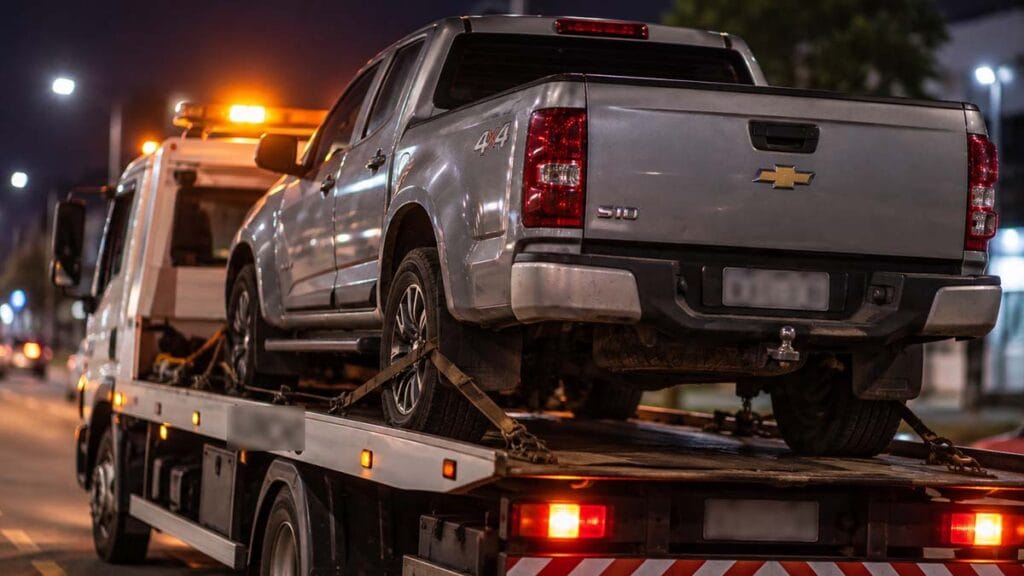 S10 cinza sendo recolhida por guincho durante a madrugada