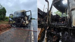 Bombeiros e brigada combatem incêndio em caminhão-tanque na BR-376