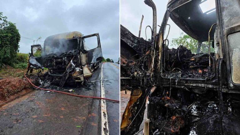 Bombeiros e brigada combatem incêndio em caminhão-tanque na BR-376