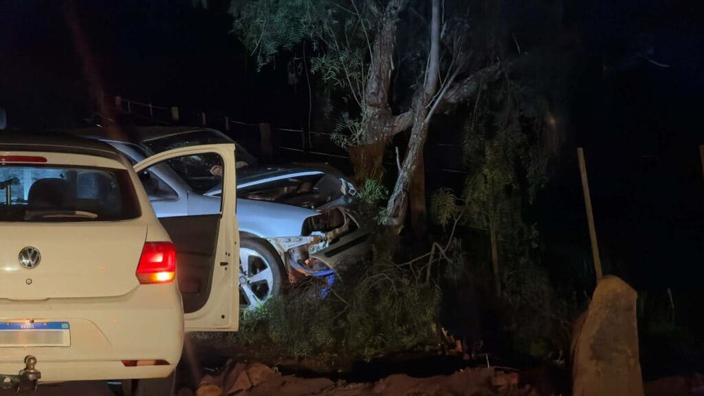 Carro com a parte dianteira danificada após bater contra uma árvore na saída de São João do Ivaí