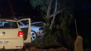Carro com a parte dianteira danificada após bater contra uma árvore na saída de São João do Ivaí