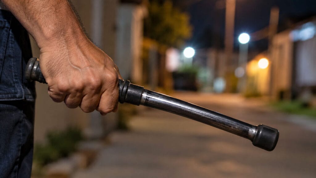 Mão de homem segurando uma bengala de metal com fundo de comunidade desfocado à noite