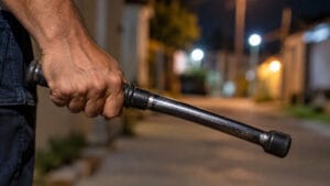 Mão de homem segurando uma bengala de metal com fundo de comunidade desfocado à noite