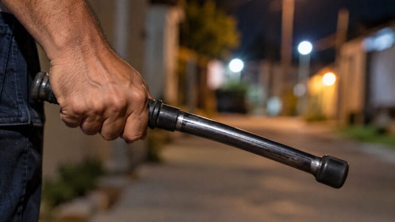 Mão de homem segurando uma bengala de metal com fundo de comunidade desfocado à noite