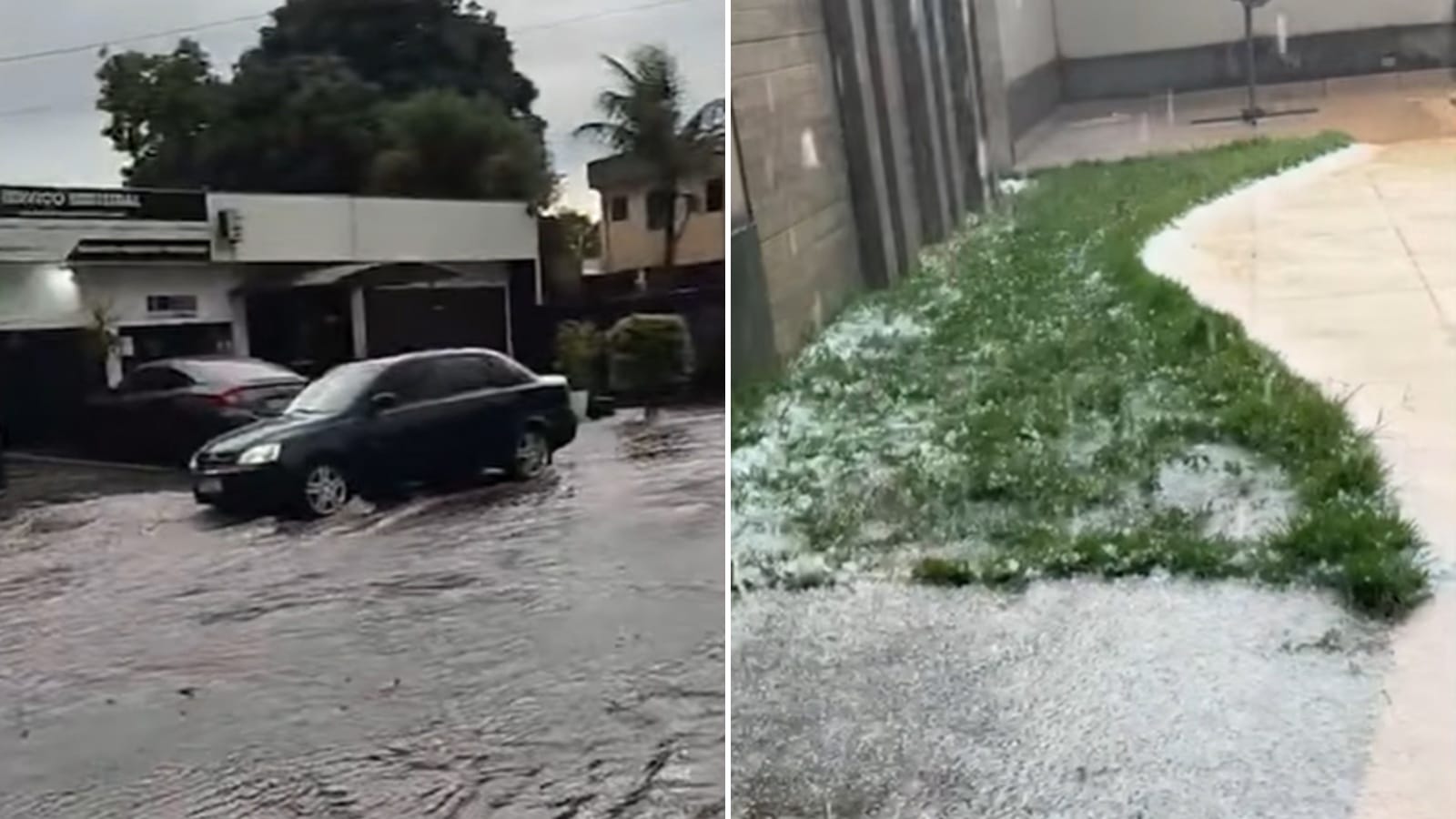 Granizo acumulado nas vias e áreas externas de imóveis após temporal que atingiu Arapongas na manhã desta quinta-feira (22).