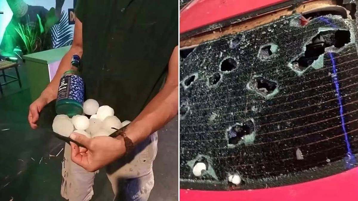 Granizo de grande porte provocou danos em veículos durante temporal no Paraguai.