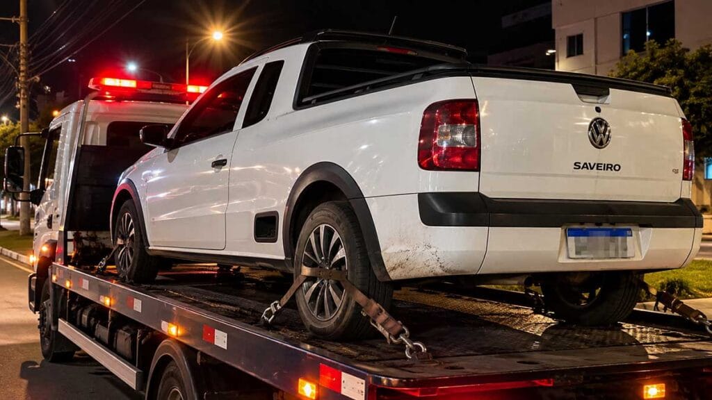 Saveiro branca sendo transportada por um guincho durante a noite.