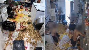 Imagens de câmeras de segurança mostram alimentos espalhados pelo chão da cozinha de uma escola municipal de Foz do Iguaçu, no oeste do Paraná.