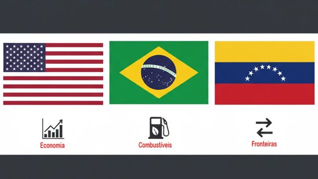 Infográfico com as bandeiras dos Estados Unidos, Brasil e Venezuela alinhadas horizontalmente. Abaixo das bandeiras, ícones pretos representam os temas Economia, Combustíveis e Fronteiras, destacados com legendas em vermelho sobre fundo branco.